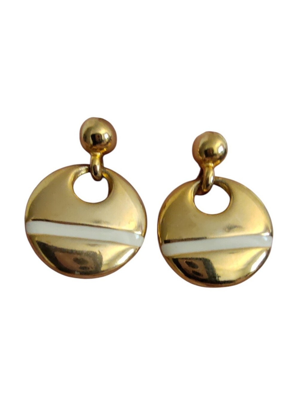 Gold Tone & Ivory Enamel Round Drop Dangle Earrings